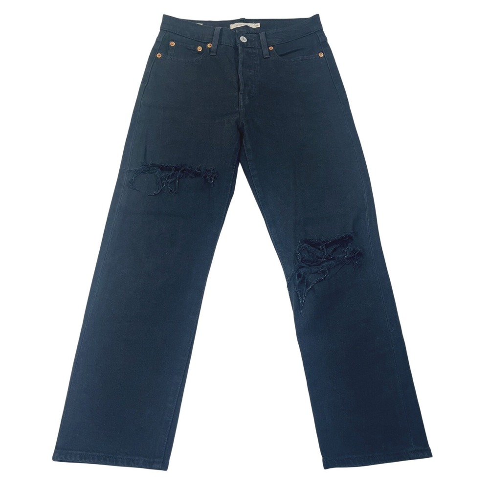 Levis Wedgie Straight Black Jeans BIG E Distressed High Rise Grunge Women 26